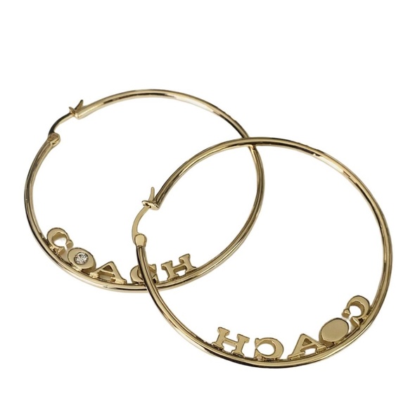 NEW Coach Medium Gold Hoop Earrings w Crystal Accent 2 1/4” - Picture 3 of 5